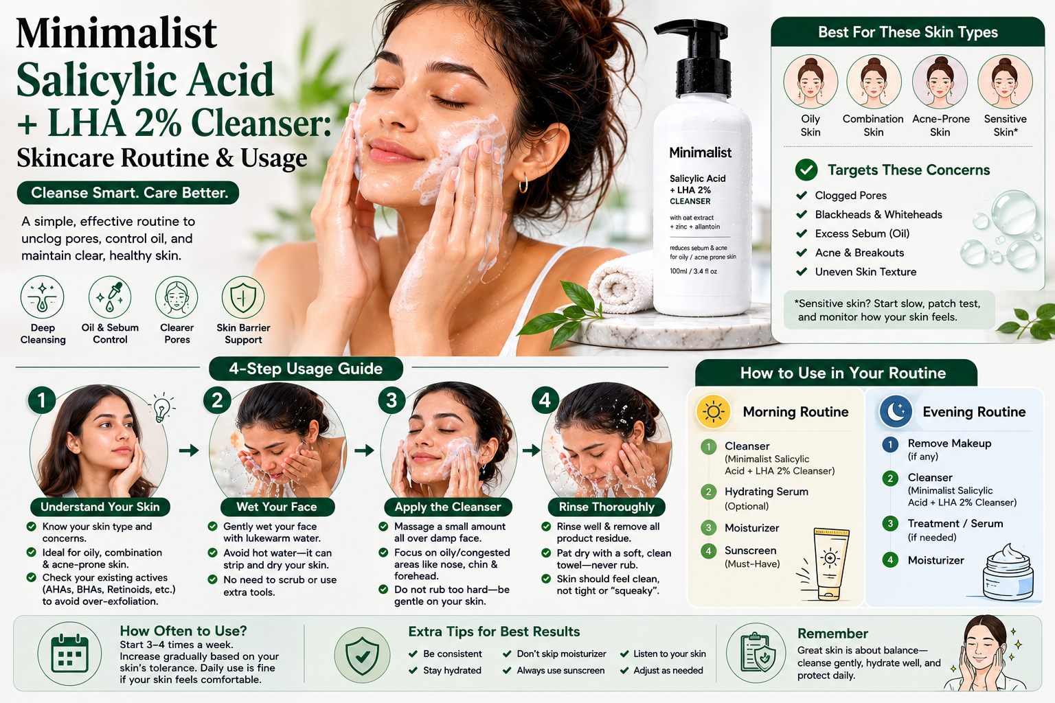  Skincare Routine & Usage: How to Use Minimalist Salicylic Acid + LHA 2% Cleanser