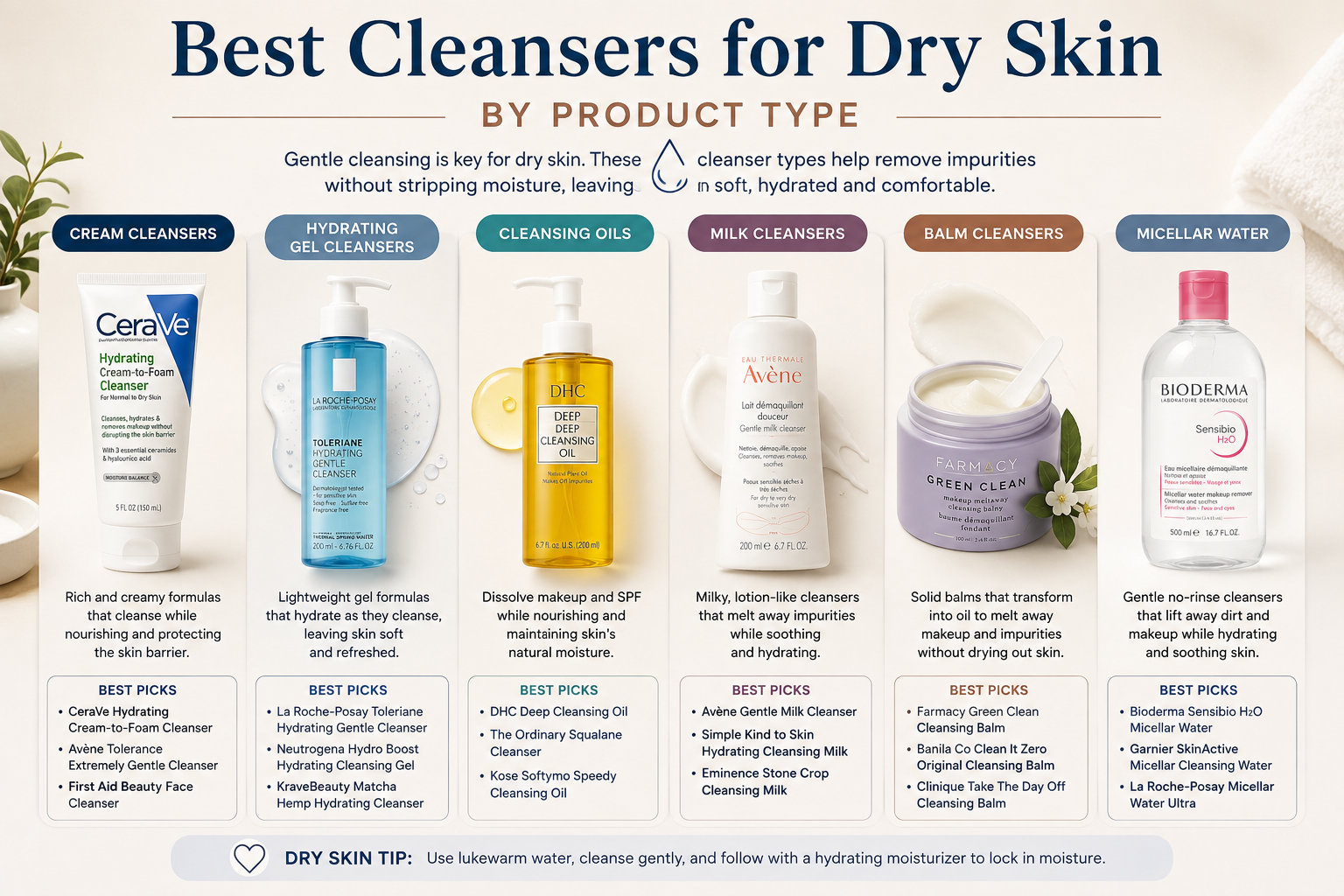 Best Cleansers for Dry Skin by Product Type