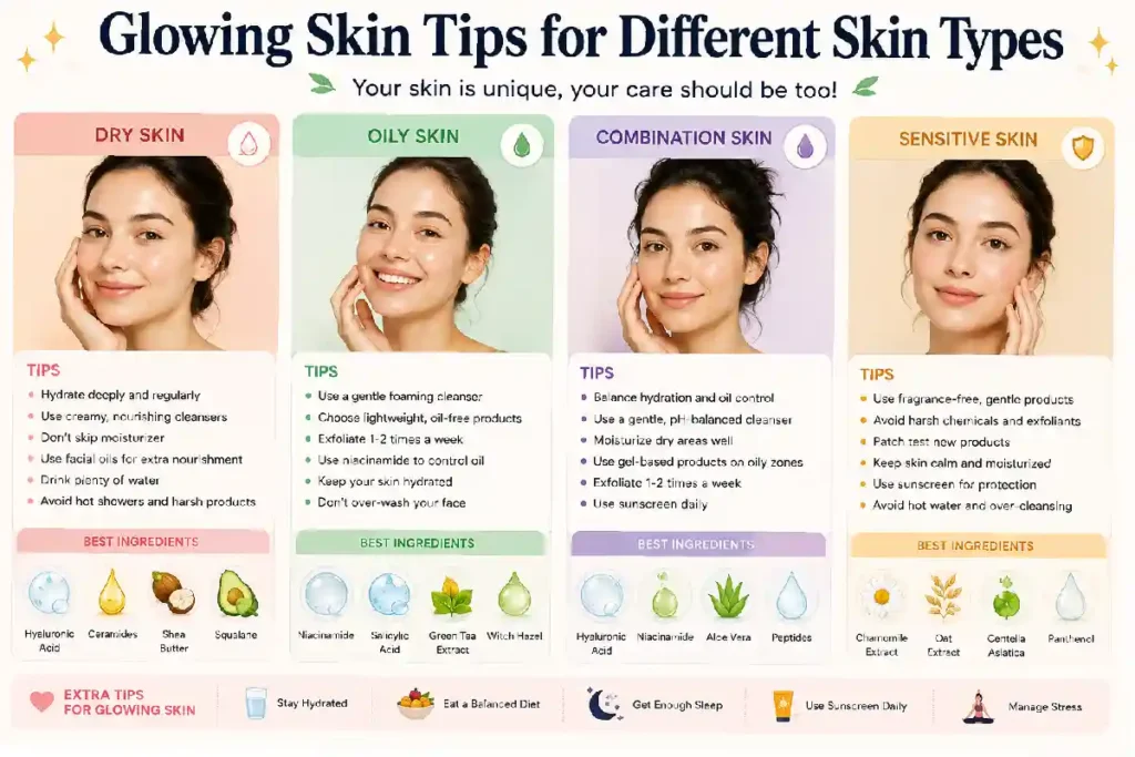 glowing skin tips for diff skin